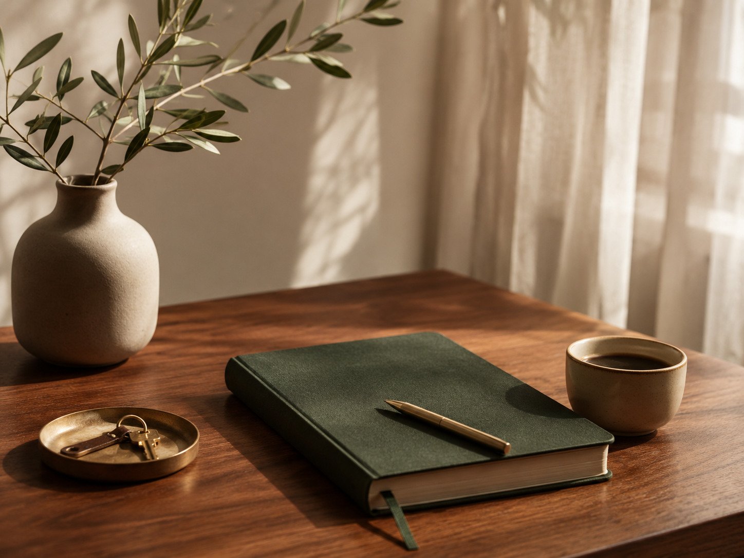 A quiet editorial still life with a green notebook, pen, coffee and olive branches
